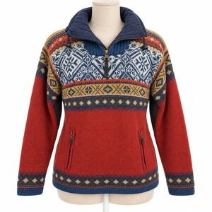 Vintage 90s Icewear Icelandic Wool Sweater Jacket Size S Red Nordic Fair Isle